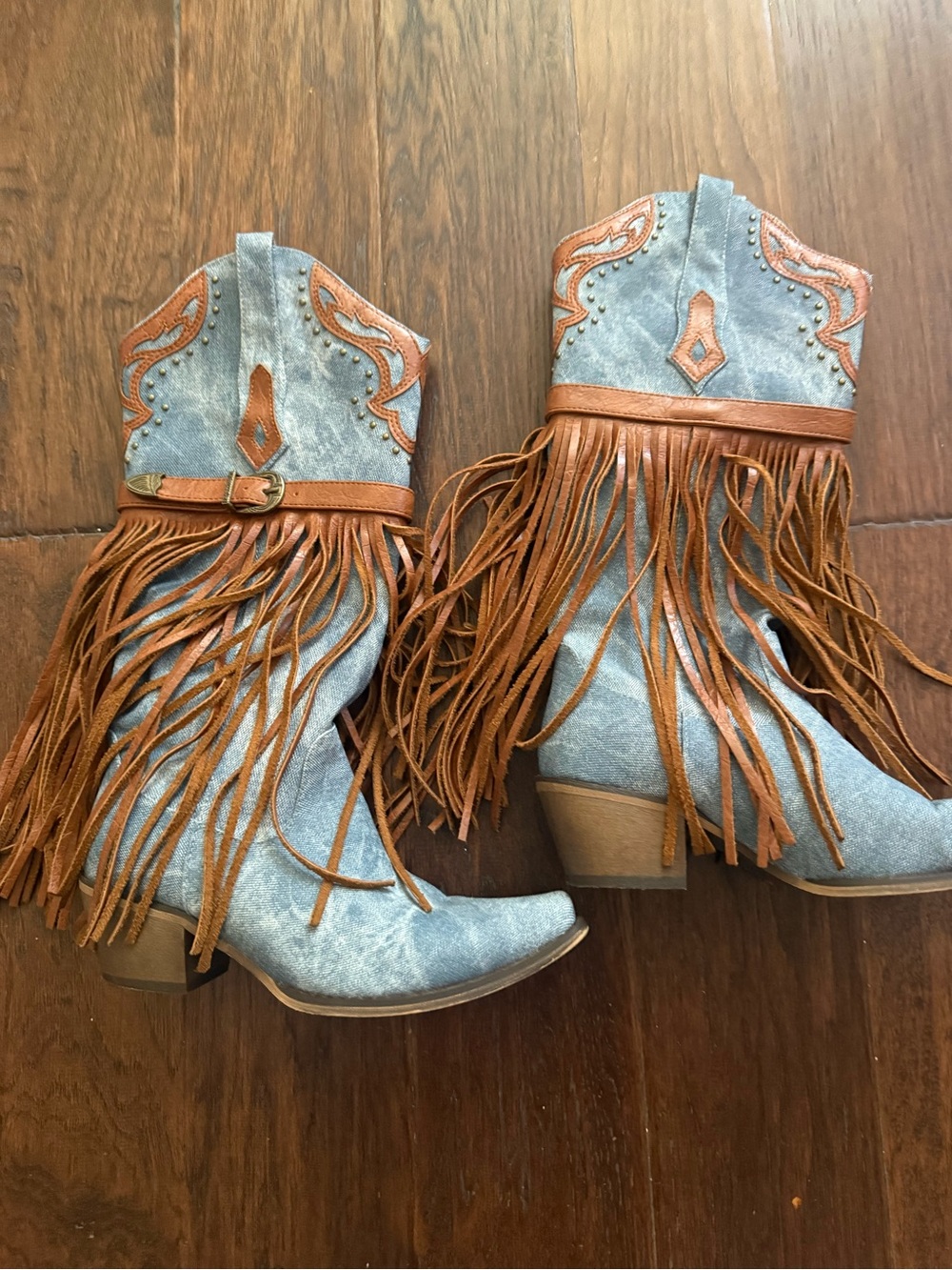 Fringed Western Ankle Boots in Light Blue and Brown